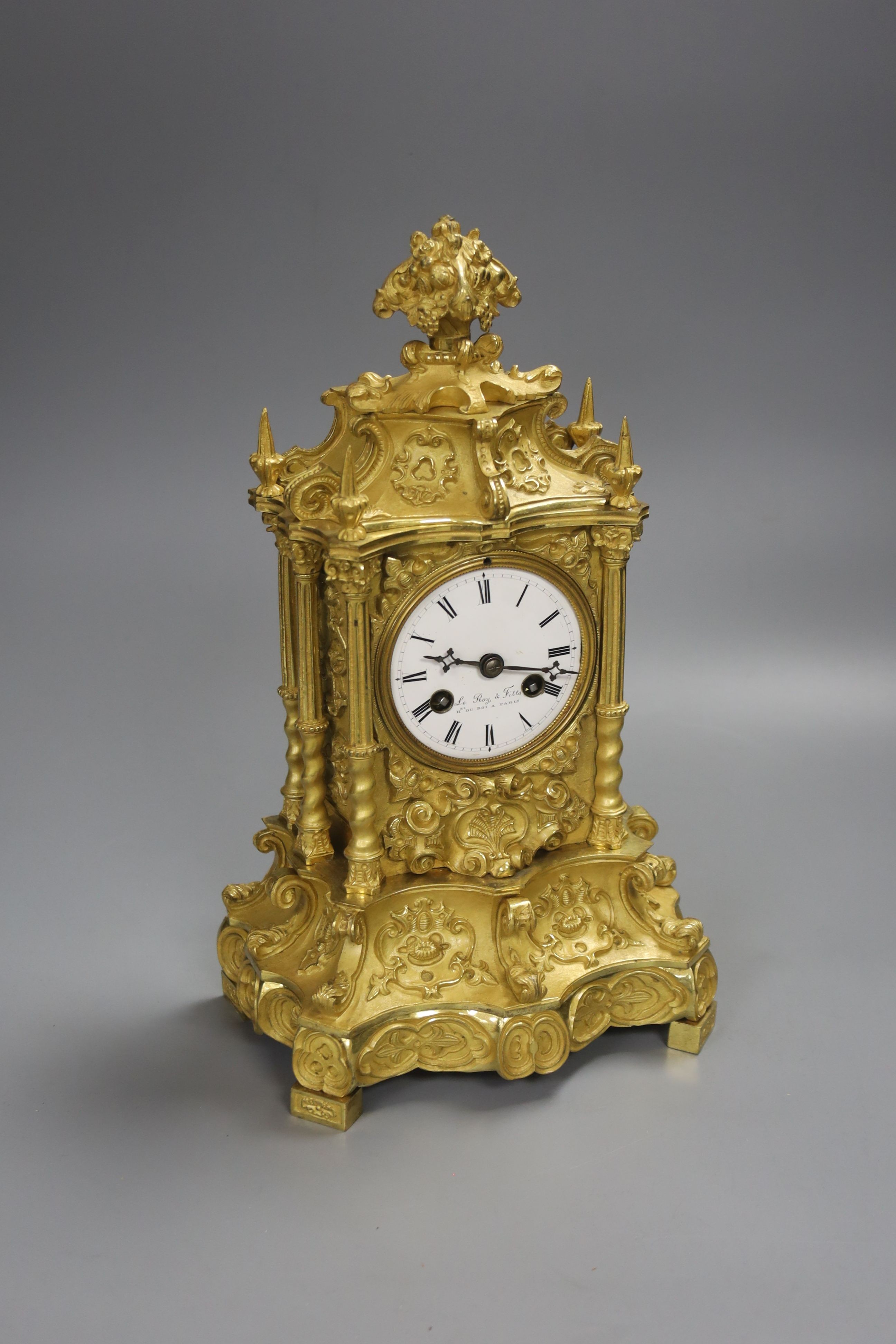 A mid 19th century French gilt bronze mantel clock, dial signed Le Roy & Fils, Paris, Japy movement, height 31cm